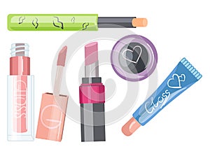 Cartoon makeup cosmetics set with packages of lipstick, concealer, liquid eyeshadow, lip gloss