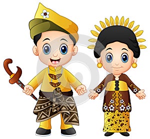 Cartoon malaysia couple wearing traditional costumes