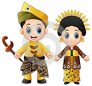 Cartoon malaysia couple wearing traditional costumes photo