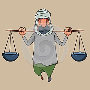 Cartoon male arab carries a stick on his shoulders with bowls on both sides