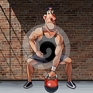 Cartoon male athlete doing exercise with kettlebell
