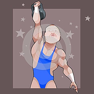 Cartoon male athlete raises his weight on a background with stars