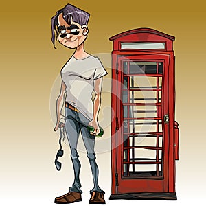 Cartoon male brawler with a bottle next to the phone booth
