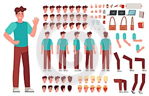Cartoon male character kit. Man animation body parts, guy in casual clothes. Boy constructor with hand gestures and various heads