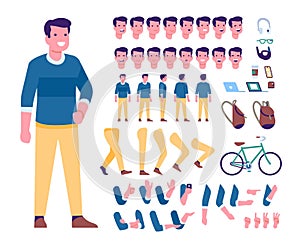 Cartoon male character kit. Man in casual clothes. Human constructor. Guy creating. Face expressions and gestures