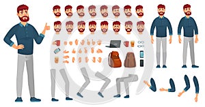Cartoon male character kit. Man in casual clothing, different hands, legs poses and facial emotion. Characters