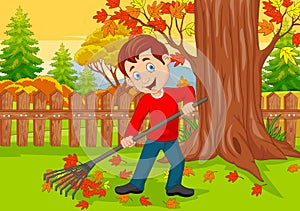 Cartoon Male cleaner sweeping autumn leaves with rake