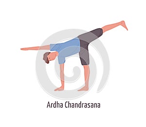 Cartoon male demonstrating ardha chandrasana pose isolated on white. Yogi man standing in Half Moon position vector flat