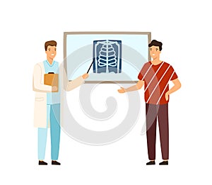 Cartoon male doctor analyzing x ray image of guy patient vector flat illustration. Orthopedist consultation man pointing photo