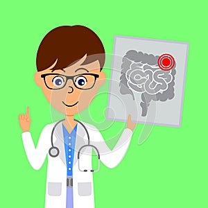 Cartoon male doctor character showing image of unhealthy  large and small intestines. Healthcare concept.