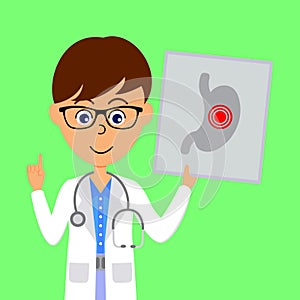 Cartoon male doctor character showing image of unhealthy  stomach. Healthcare concept.