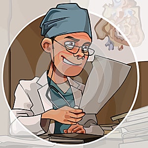 Cartoon male doctor working in the office on the background of a circle