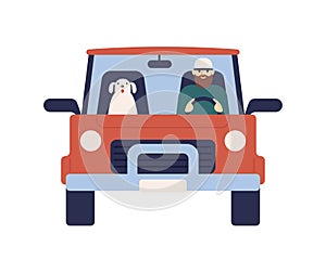 Cartoon male driver with dog on car vector flat illustration. Colorful man and cute domestic animal ride on red