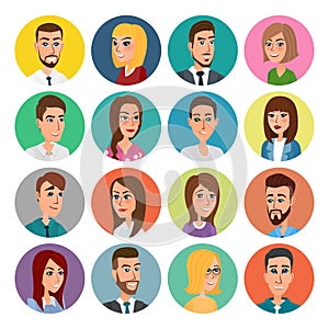 Cartoon male and female faces collection. Vector icon set of colorful people modern flat design. Avatars characters men women.