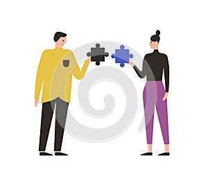 Cartoon male and female with mismatch puzzle vector flat illustration. People assembling wrong jigsaw isolated on white