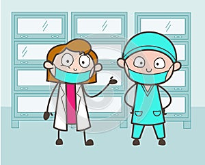 Cartoon Male and Female Surgeon Introducing Each Other Vector Illustration