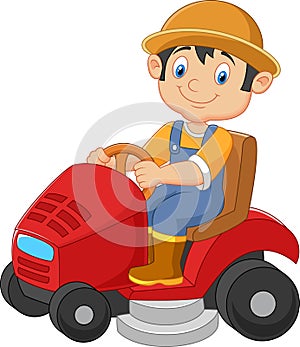 Cartoon male gardener riding mowing with ride-on lawn mower