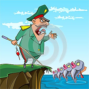 Cartoon male General fishing commanded the fish