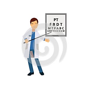 Cartoon male oculist standing and pointing at medical table with letters