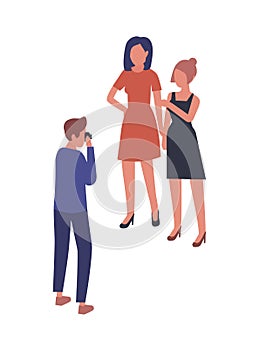 Cartoon male photographer shooting two female model vector flat illustration. Man photographing posing woman character