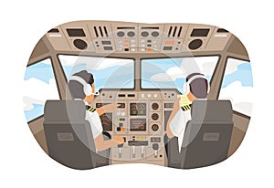 Cartoon male pilot cockpit plane with control board vector graphic illustration. Back view airplane captain command of