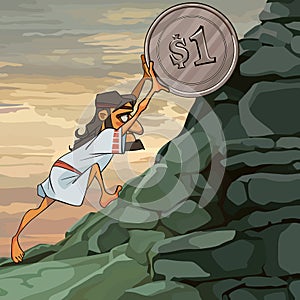 Cartoon male Sisyphus rolls a coin up the hill