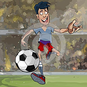 Cartoon male soccer player running with a ball across the field