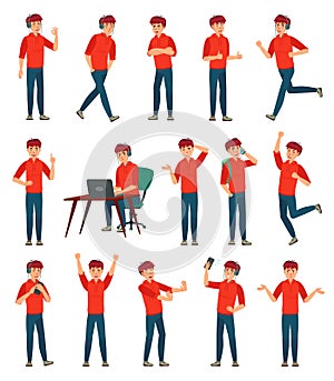 Cartoon male teenager character. Teenage boy in different poses and actions vector illustration set