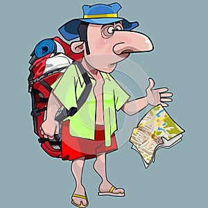 Cartoon male tourist with a backpack in fright drops a map