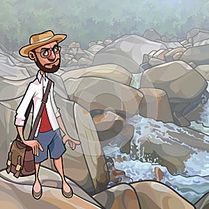 Cartoon male tourist standing on the stones by the stream