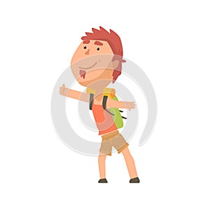 Cartoon male traveler hitchhiker, man trying to stop a car on a highway by hand, travelling by autostop vector