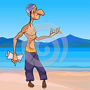 Cartoon male yogi walks along the seashore and composes photo