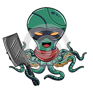 Cartoon malevolent military cyborg octopus character wearing eye mask holding a meat knife. Illustration for fantasy, science