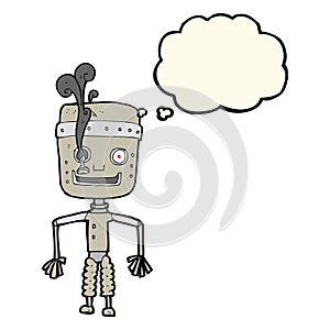 cartoon malfunctioning robot with thought bubble