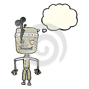 cartoon malfunctioning robot with thought bubble