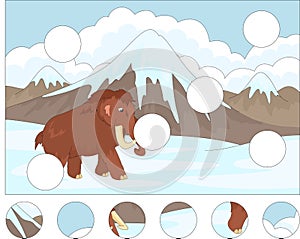 Cartoon mammoth on the background of a prehistoric nature. Complete the puzzle and find the missing parts of the picture. Game