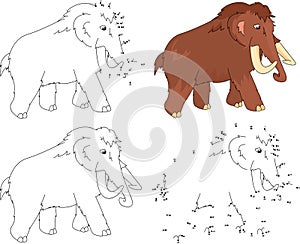 Cartoon mammoth. Coloring book and dot to dot game for kids