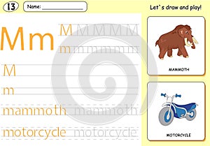 Cartoon mammoth and motorcycle. Alphabet tracing worksheet