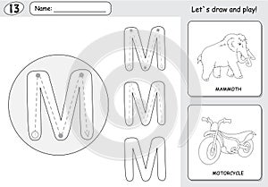 Cartoon mammoth and motorcycle. Alphabet tracing worksheet: writ