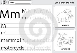 Cartoon mammoth and motorcycle. Alphabet tracing worksheet: writ