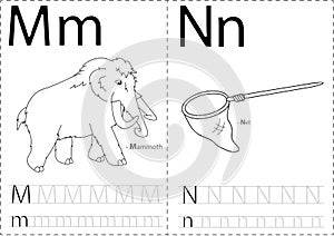 Cartoon mammoth and net. Alphabet tracing worksheet: writing A-Z and educational game for kids