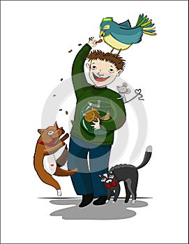 Cartoon man with animals