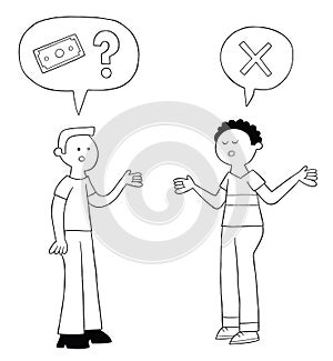 Cartoon man asks his friend for a loan, but his friend says he has no money, vector illustration