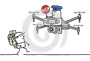 Cartoon man with backpack stopped by a cop riding a drone