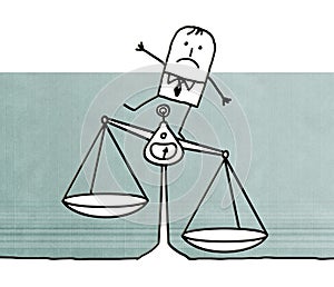 Cartoon man with balance and injustice photo