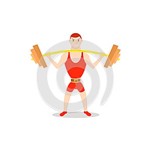 Cartoon man barbell exercises squat, deadlift, overhead press.