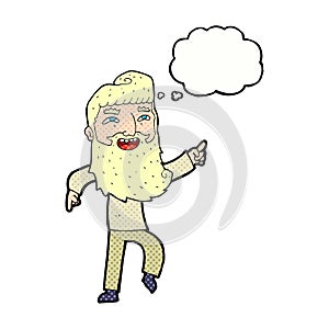 cartoon man with beard laughing and pointing with thought bubble