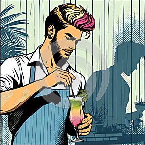 Cartoon man with beard making cocktail with straw, using tableware and drinkware