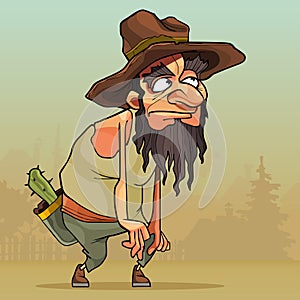 Cartoon man with beard in an old hat sneaks through the village