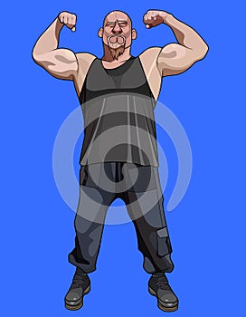 Cartoon man with a beard posing and strongly straining biceps